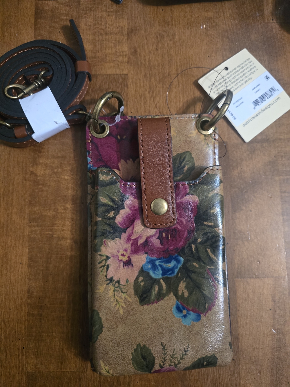 Patricia Nash Floral Crossbody Phone Pouch/Wallet with Brown Strap